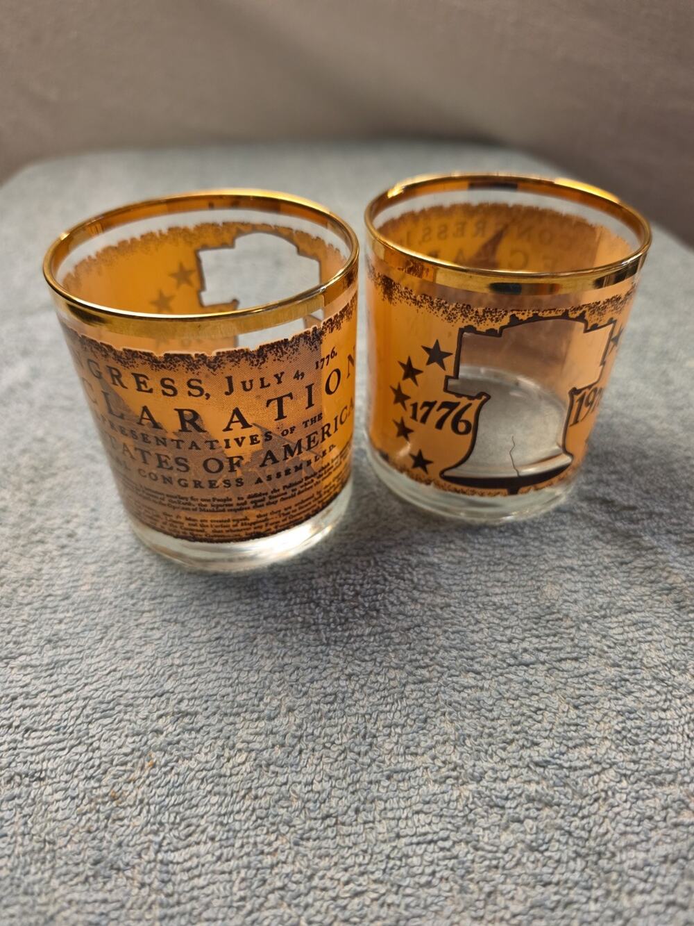 Vintage 1976 Bicentennial Lowball Glasses Pair 1776 Liberty Bell Gold Rim Houze